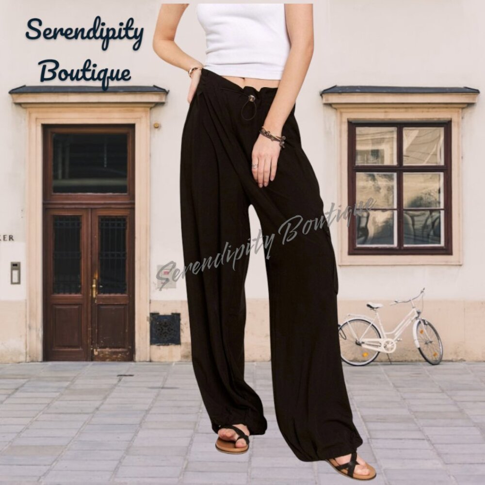High Waist Draw String Tapered Waist Uber Baggy Wide Leg Black Mock Cargo Pants